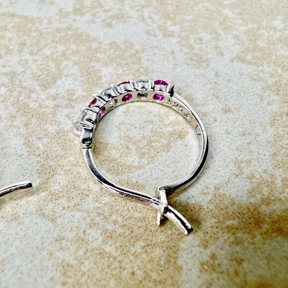 Sterling Silver 925 Pink CZ Hoop Earrings - Picture 4 of 5
